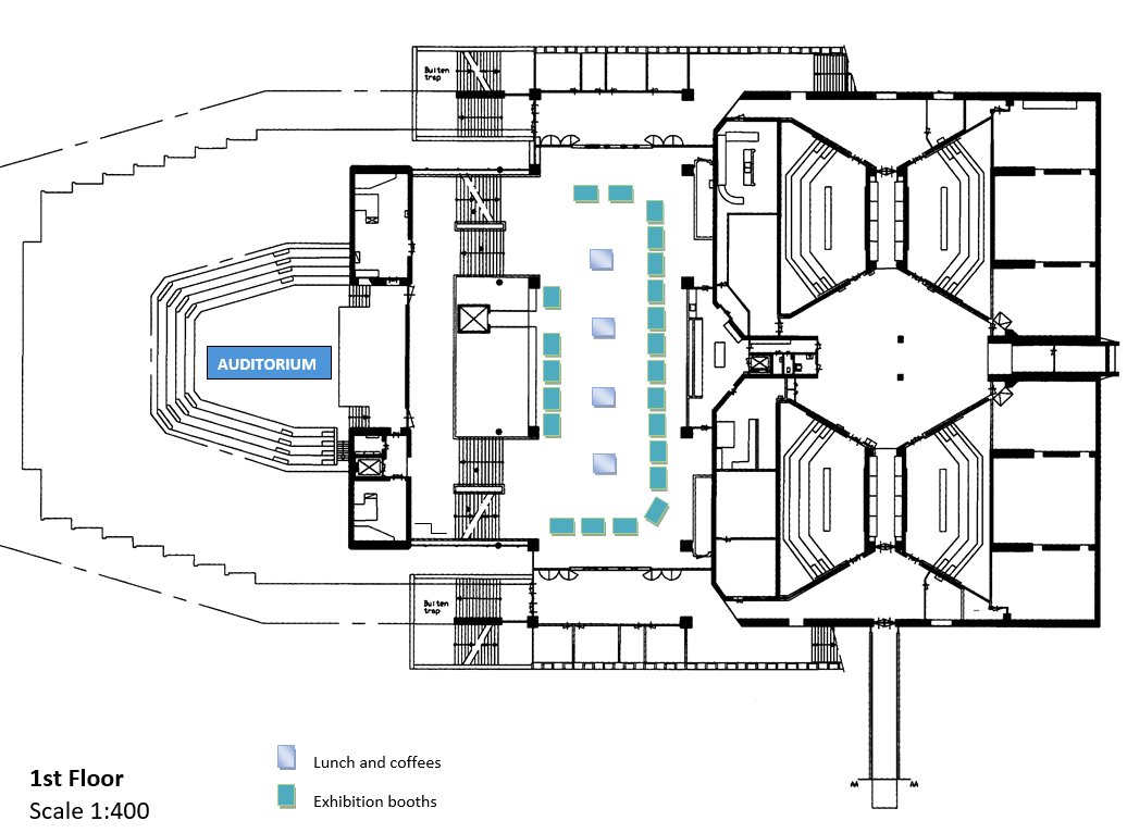 Exhibition space layout for EOSAM 2025, showcasing booth placements and pathways.